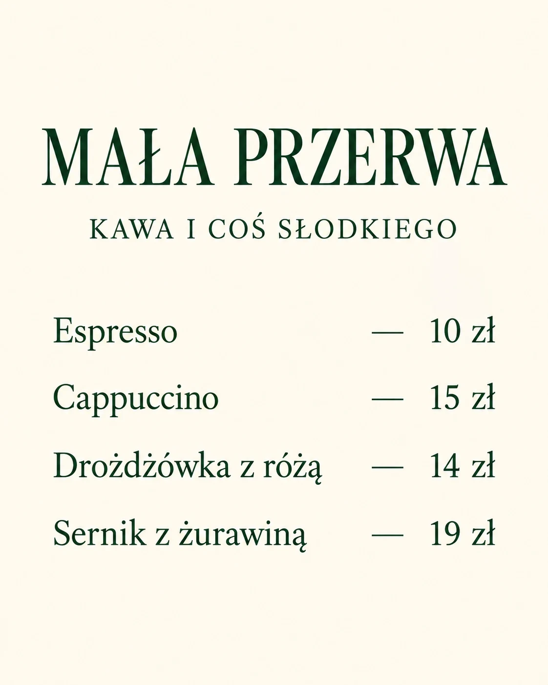 Menu AI Mała Przerwa z kawą, ciastami i cenami w złotych.