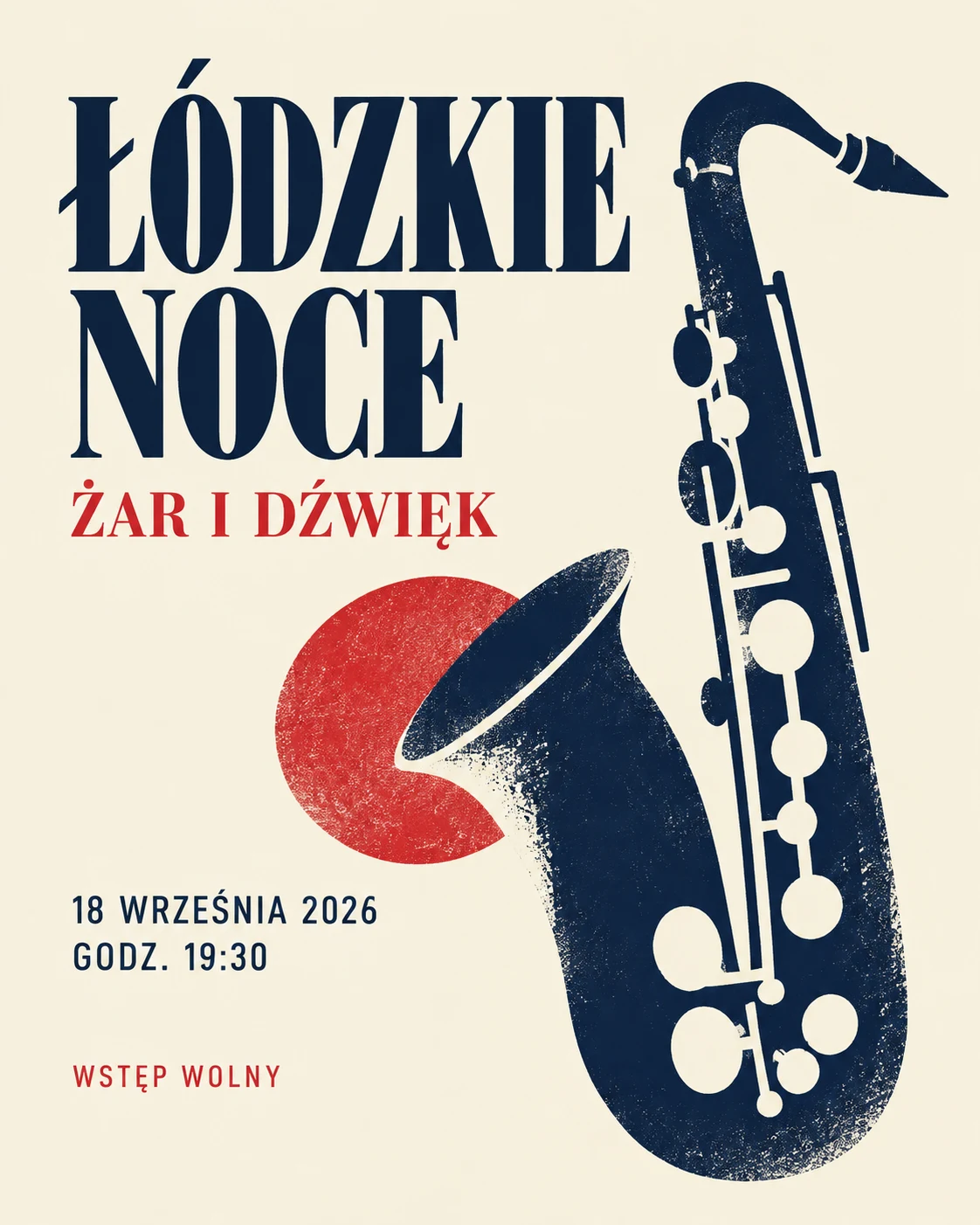 Plakat AI Łódzkie Noce z saksofonem i polskimi napisami.