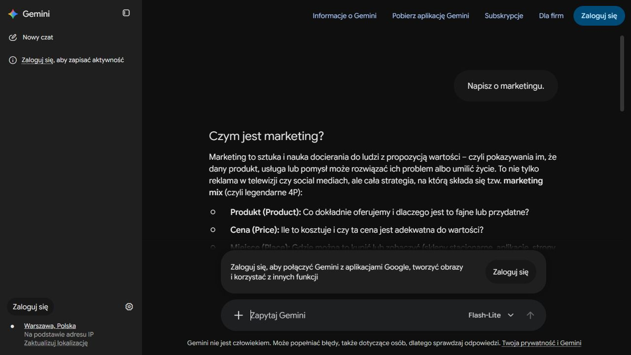 Początek ogólnego wyjaśnienia marketingu w Gemini