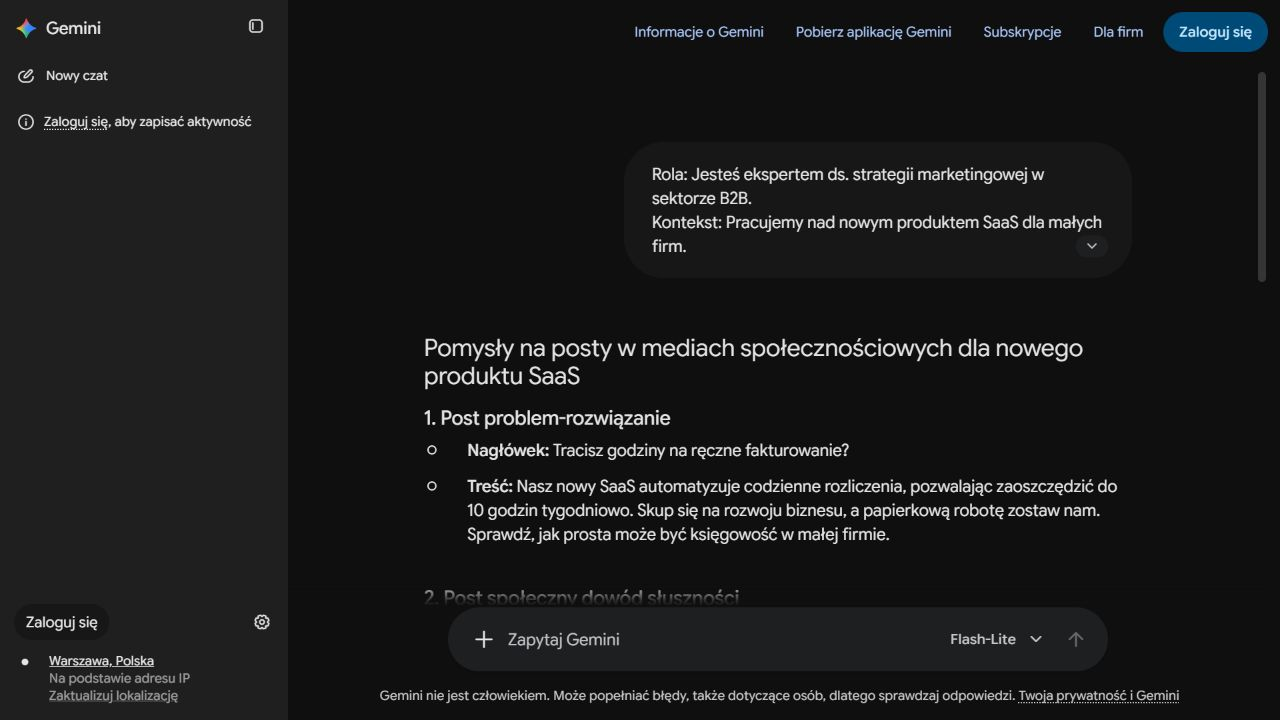 Początek listy pomysłów na posty B2B przygotowanej według pięciu sekcji