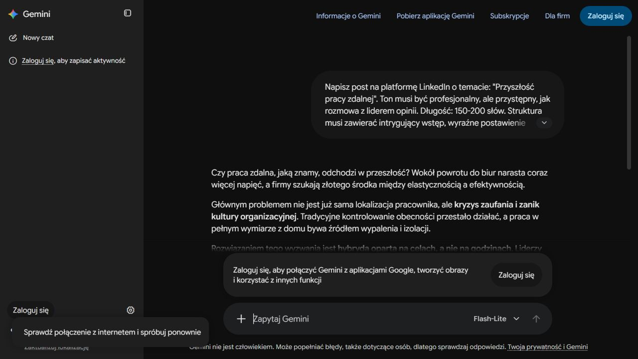 Początek posta o przyszłości pracy zdalnej wygenerowanego w Gemini