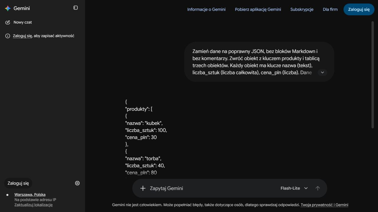 Dane trzech fikcyjnych produktów przedstawione w formacie JSON
