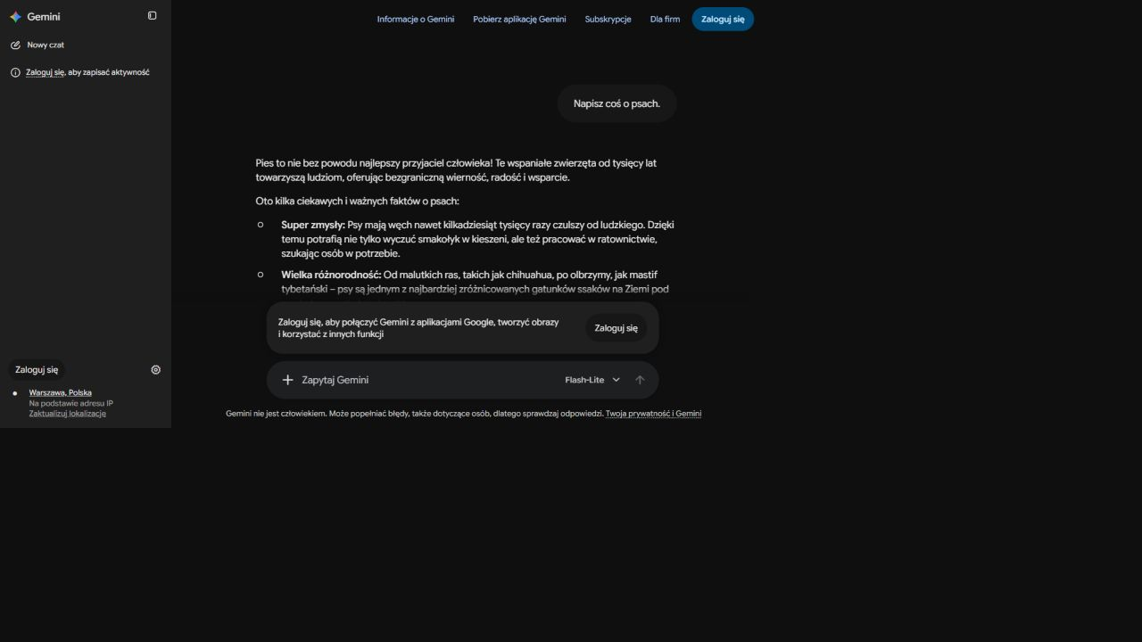 Gemini podaje ogólne ciekawostki o psach