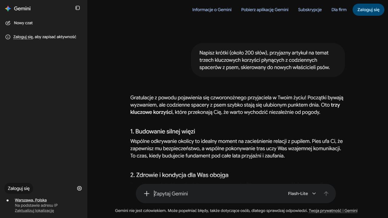 Początek artykułu o spacerach z psem skierowanego do nowych właścicieli