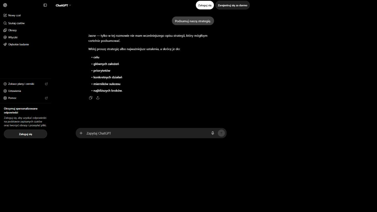ChatGPT prosi o wklejenie niepodanej strategii