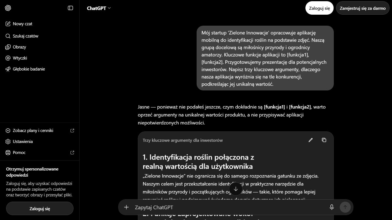 ChatGPT wskazuje nieuzupełnione pola funkcji w opisie aplikacji