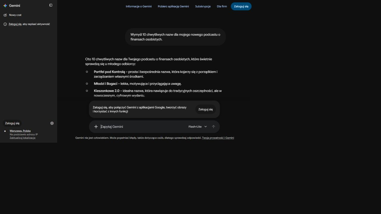 Pierwsze propozycje nazw podcastu finansowego w odpowiedzi Gemini