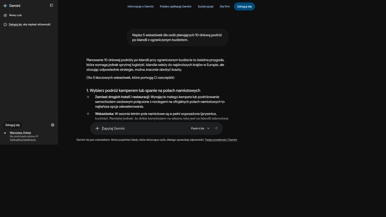 Początek odpowiedzi Gemini z poradami dotyczącymi budżetu na Islandii