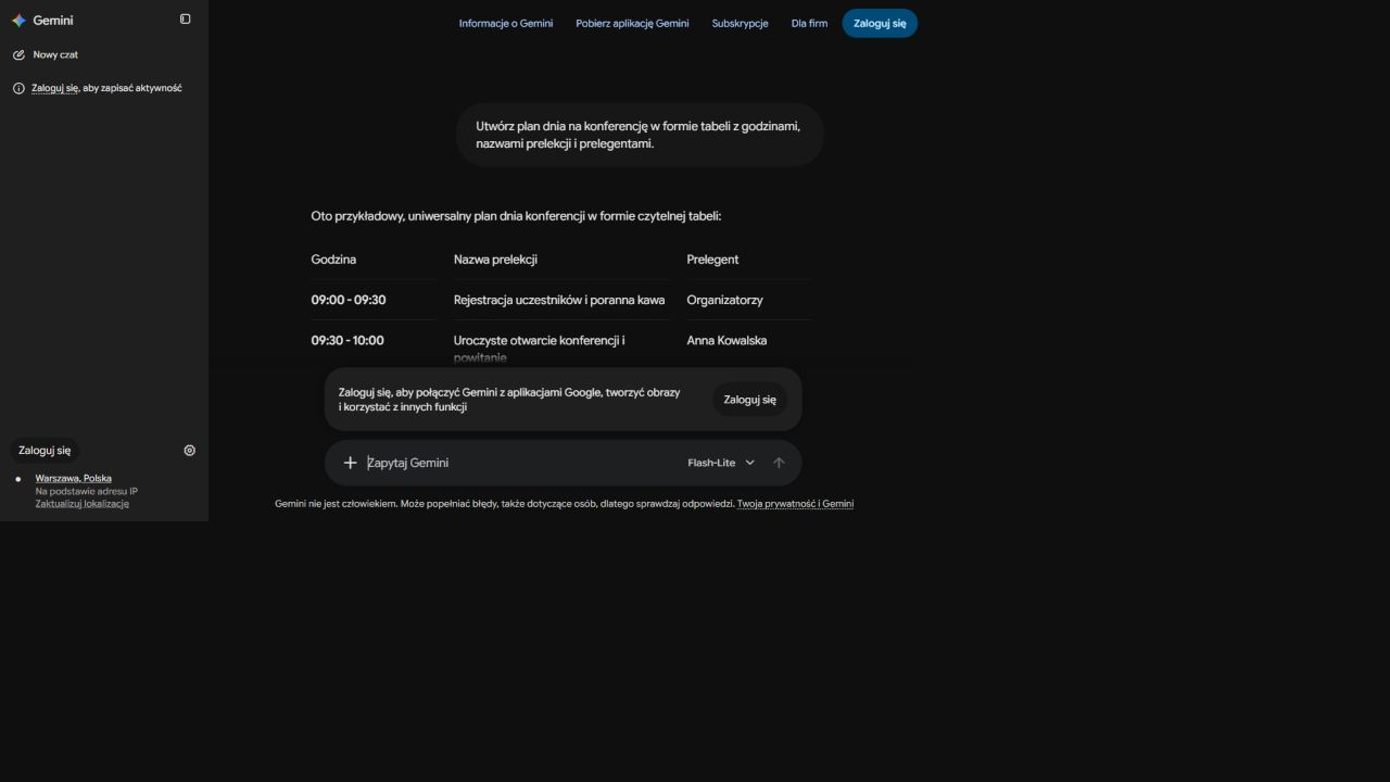 Fragment tabeli konferencji z godziną, nazwą prelekcji i prelegentem