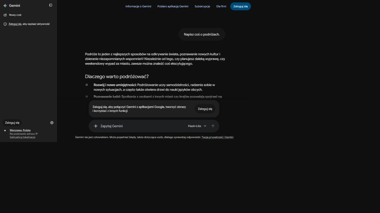 Początek ogólnej odpowiedzi Gemini o korzyściach z podróżowania