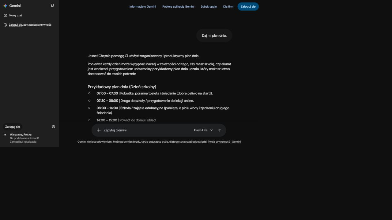 Gemini proponuje dzień szkolny bez podania wieku odbiorcy