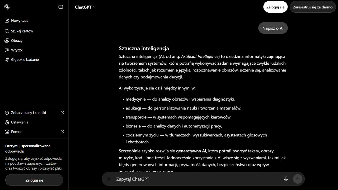 Ogólne wyjaśnienie sztucznej inteligencji w ChatGPT