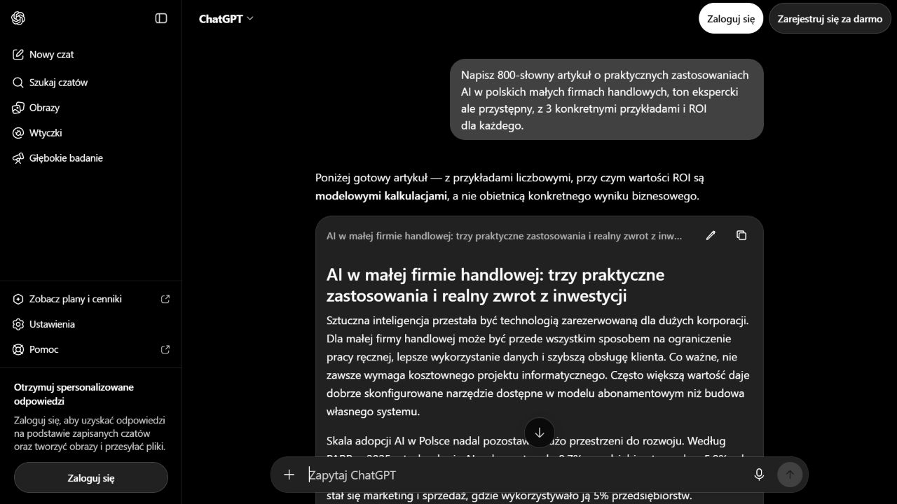 Początek artykułu o AI w małych firmach handlowych