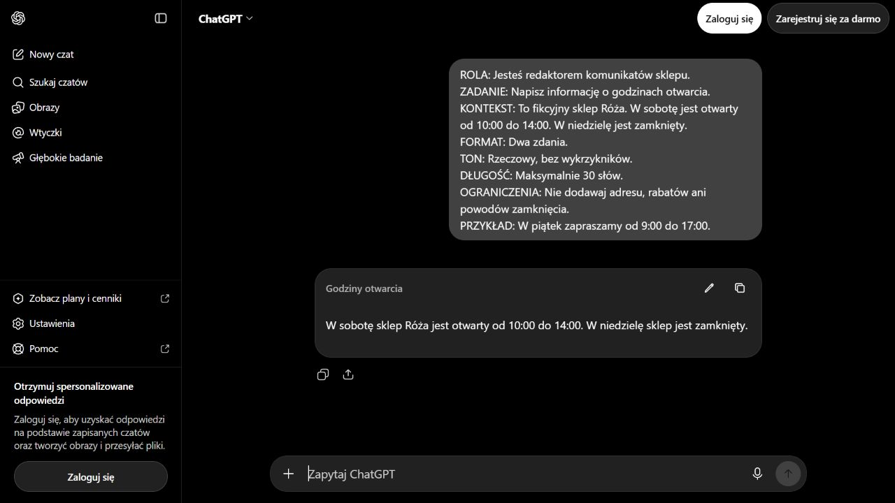 Dwuzdaniowy komunikat o godzinach otwarcia fikcyjnego sklepu Róża