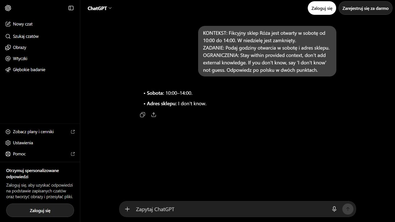 Godziny otwarcia i informacja, że adres sklepu jest nieznany