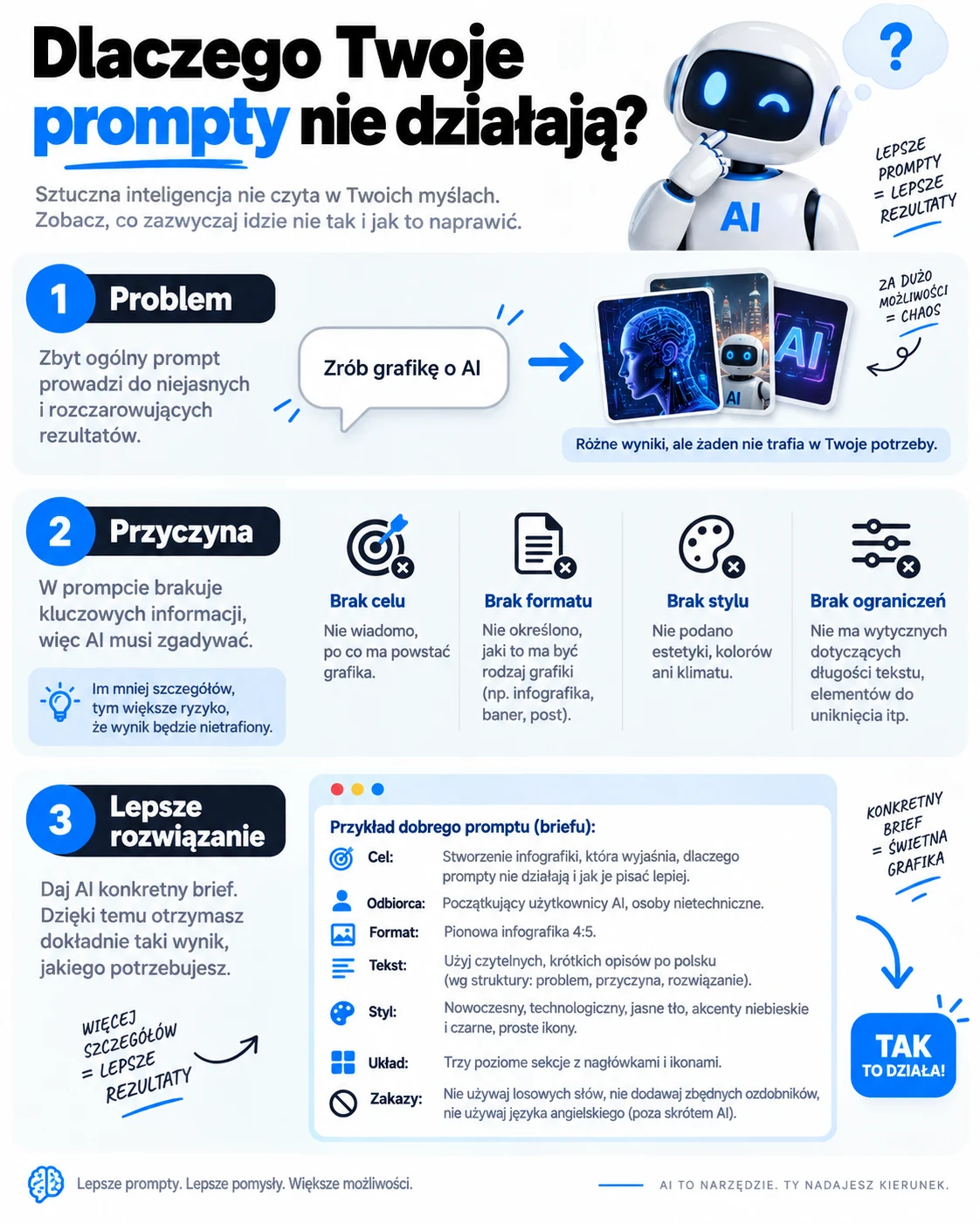 Próbna infografika z trzema sekcjami: Problem, Przyczyna i Lepsze rozwiązanie