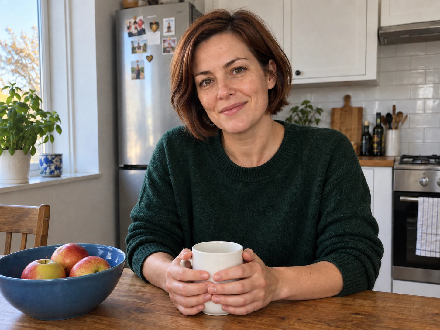 Naturalny kolorowy portret kobiety w kuchni z łagodnymi światłami na kubku i subtelnym ziarnem