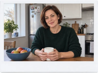 Naturalny portret kobiety w zielonym swetrze w białej ramce na tle jasnej kuchni