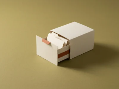 White cardboard drawer box with an open front drawer containing index cards on a gold surface.