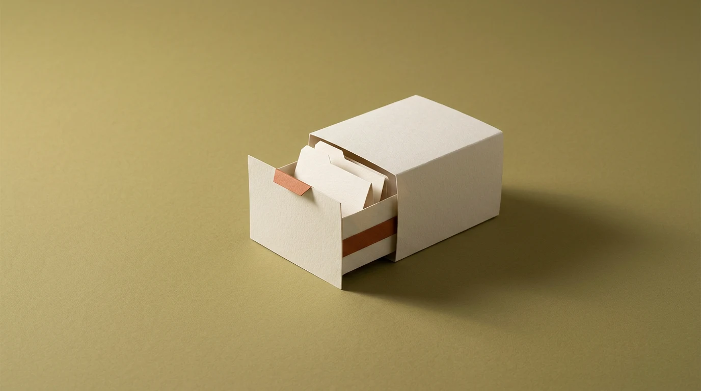 RAG jak działa generowanie wspomagane wyszukiwaniem i gdzie się psuje - Promptowy White cardboard drawer box with an open front drawer containing index cards on a gold surface.