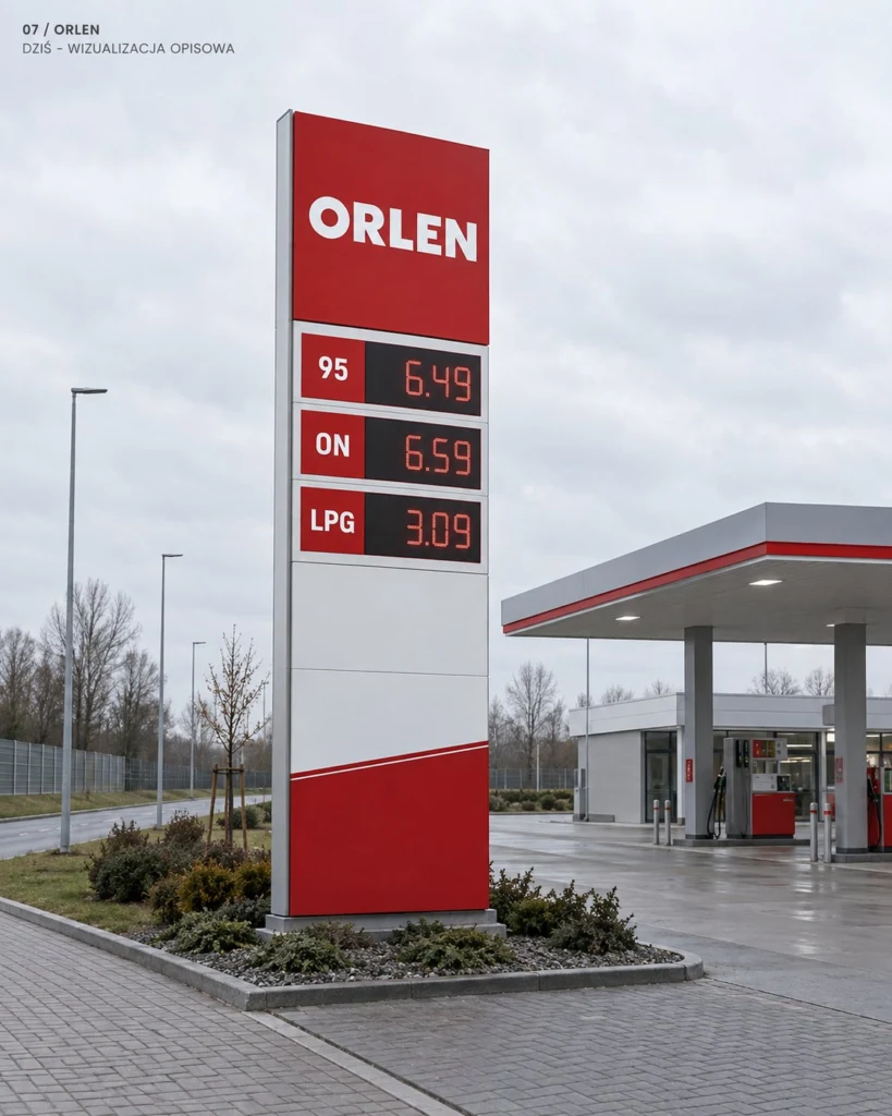 Makieta pylonu stacji paliw z obecnym oznaczeniem