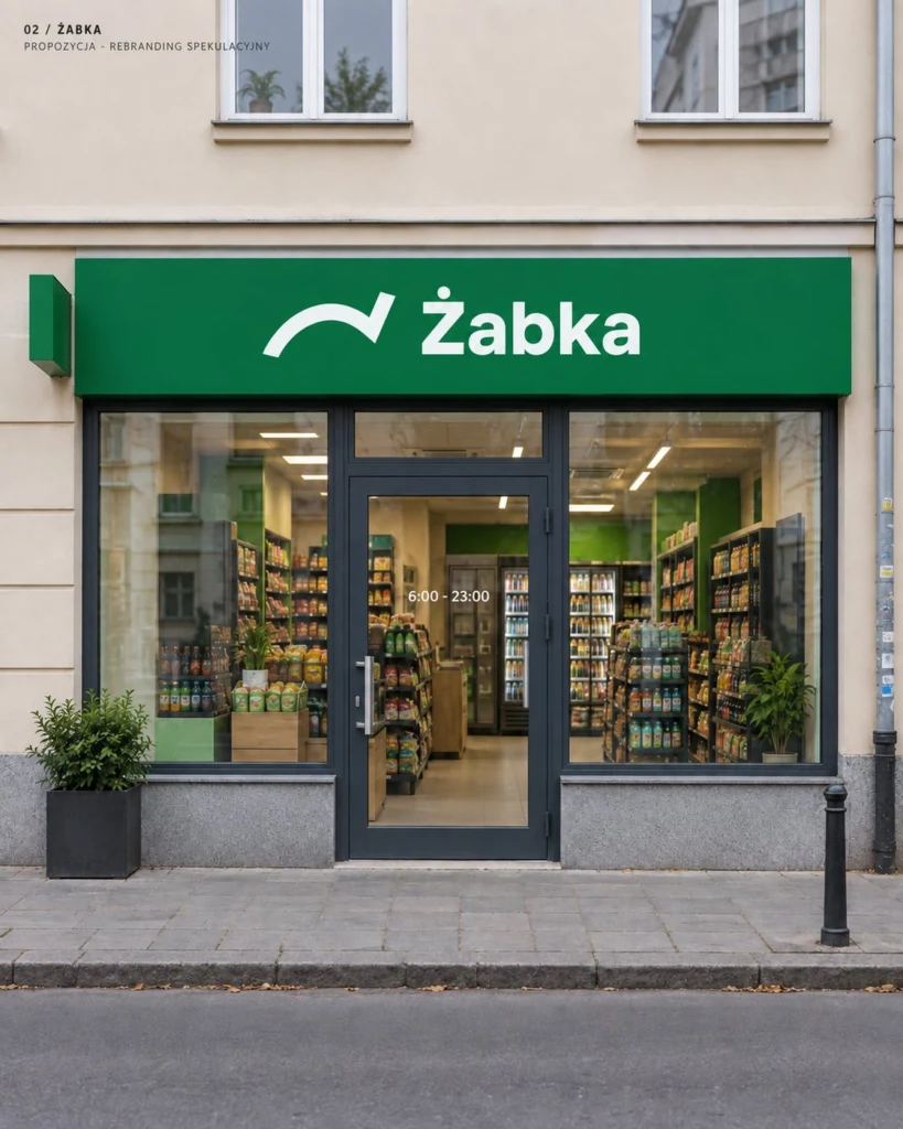 Green Žabka storefront with glass doors and shelves visible inside, showing groceries; hours 6:00-23:00 on the door.