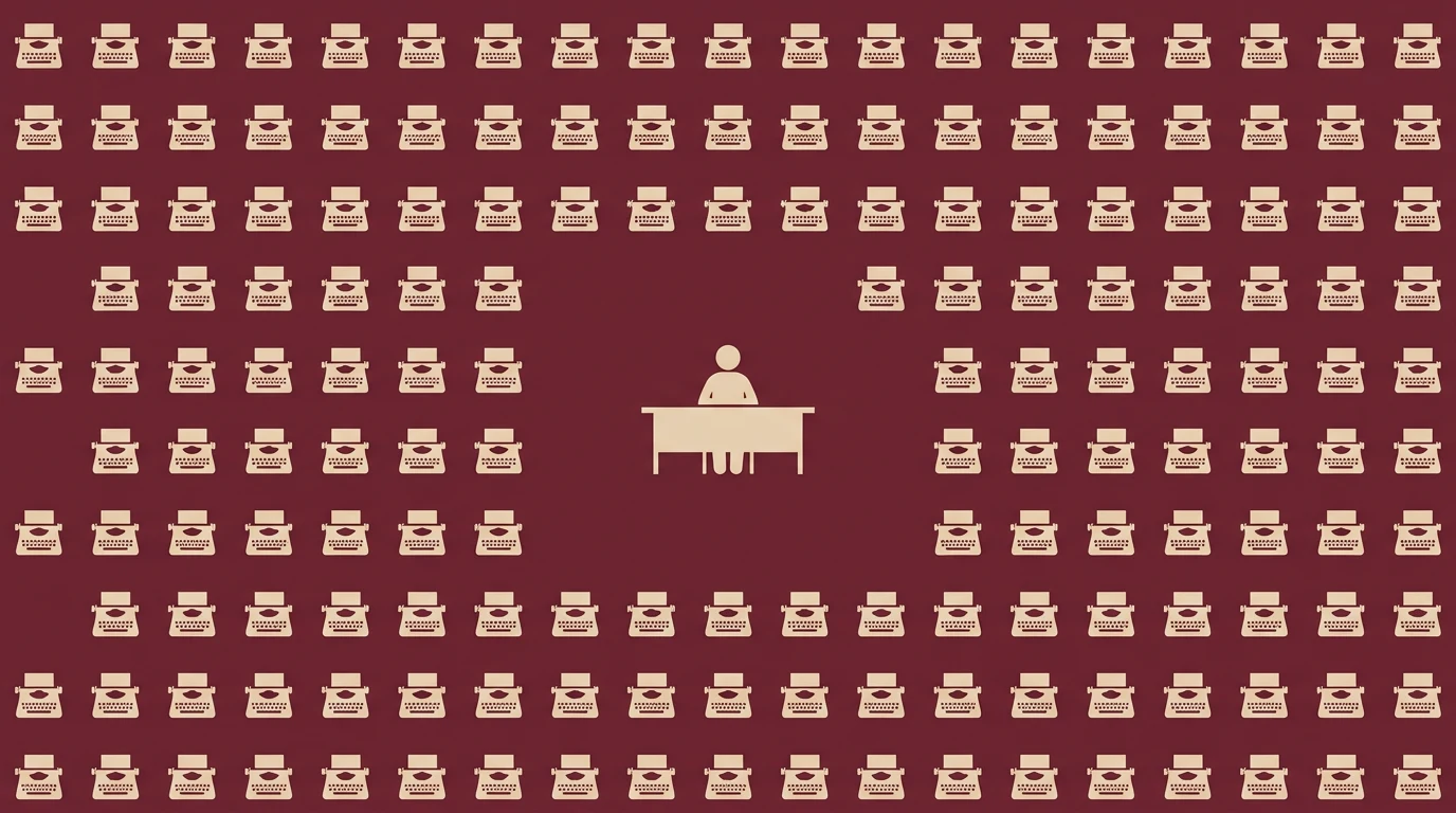 One person sits at a desk in the center, surrounded by rows of typewriters on a dark red background.