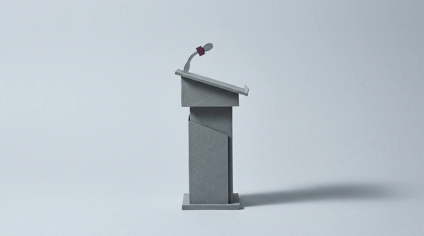Sam Altman kim jest szef OpenAI ile ma lat ile jest wart i co mówi o AI - Promptowy Gray podium with a curved microphone on a stand against a pale background, ready for a speech.','Note: fix quotes