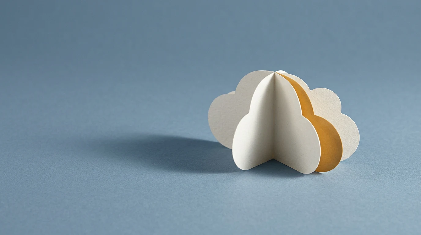 3D paper cloud sculpture with white and orange layers on a blue surface, photo of a crafts project.