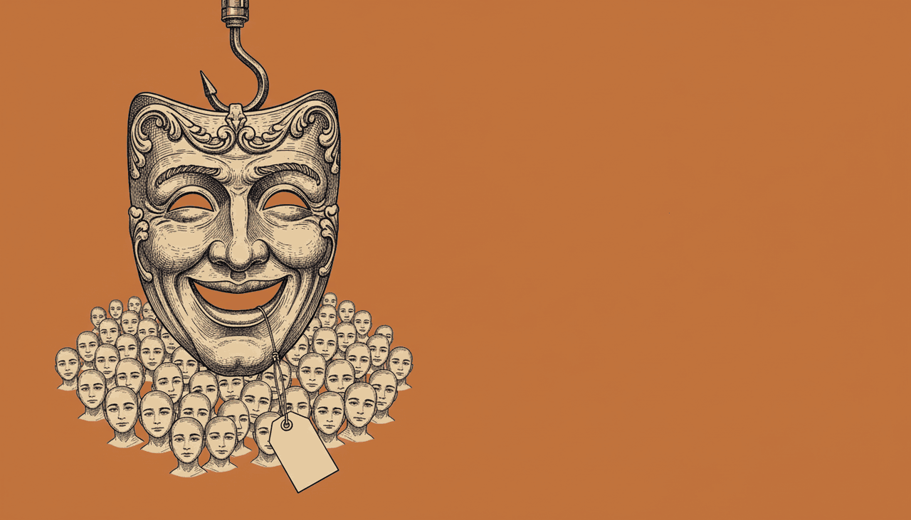 Ornate theatrical mask hanging from a rope above a crowd of small face silhouettes against an orange background.