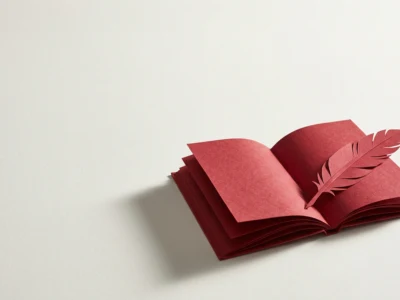 Sebastian Kondracki współtwórca społeczności która zrobiła Bielika - Promptowy Open red paper book with a feather cutout resting on its pages on a pale surface.
