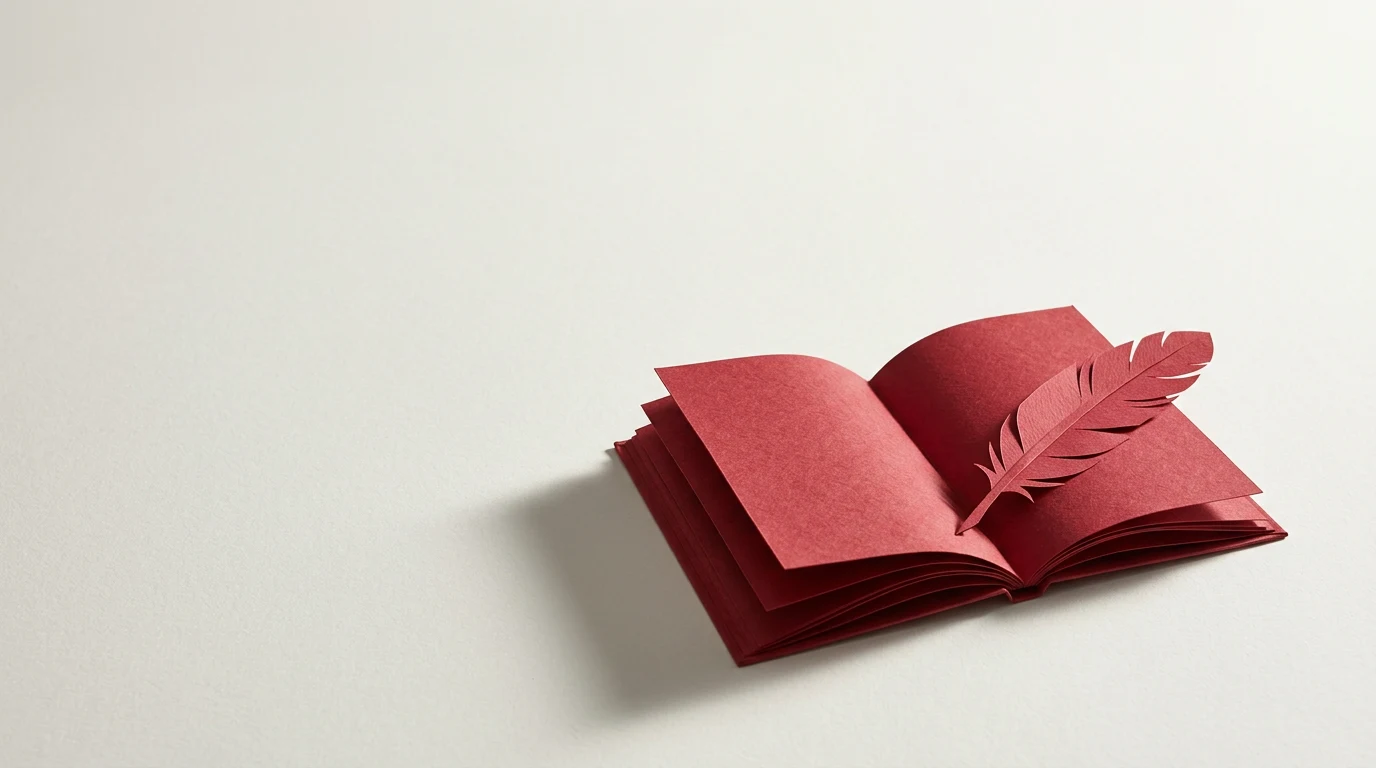 Sebastian Kondracki współtwórca społeczności która zrobiła Bielika - Promptowy Open red paper book with a feather cutout resting on its pages on a pale surface.