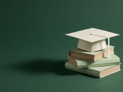Studia AI w Polsce jakie kierunki naprawdę uczą sztucznej inteligencji i jak je wybrać - Promptowy Graduation cap on top of a stack of green books against a green background, symbolizing education or achievement.