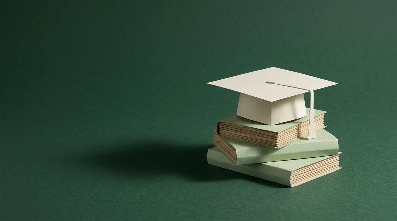 Studia AI w Polsce jakie kierunki naprawdę uczą sztucznej inteligencji i jak je wybrać - Promptowy Graduation cap on top of a stack of green books against a green background, symbolizing education or achievement.