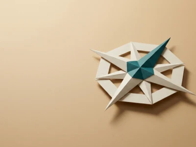 Sundar Pichai prezes Google który goni w wyścigu wymyślonym u siebie - Promptowy Geometric paper star sculpture with white spokes and a teal center on a beige background.