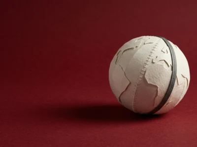 The Economist 2027 kiedy wyjdzie okładka The World Ahead i jak ją czytać - Promptowy White papercraft globe with stitched seams resting on a red surface, shadow beneath it