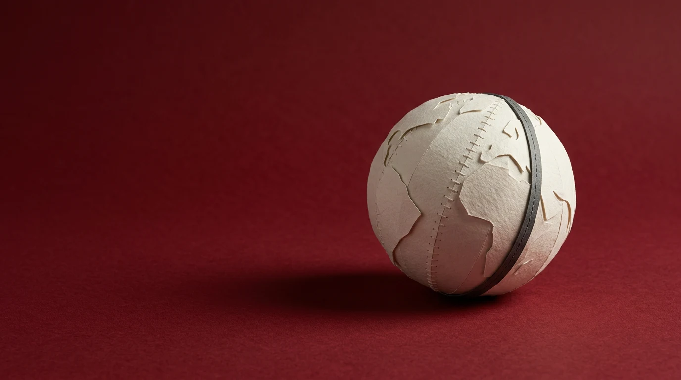 White papercraft globe with stitched seams resting on a red surface, shadow beneath it