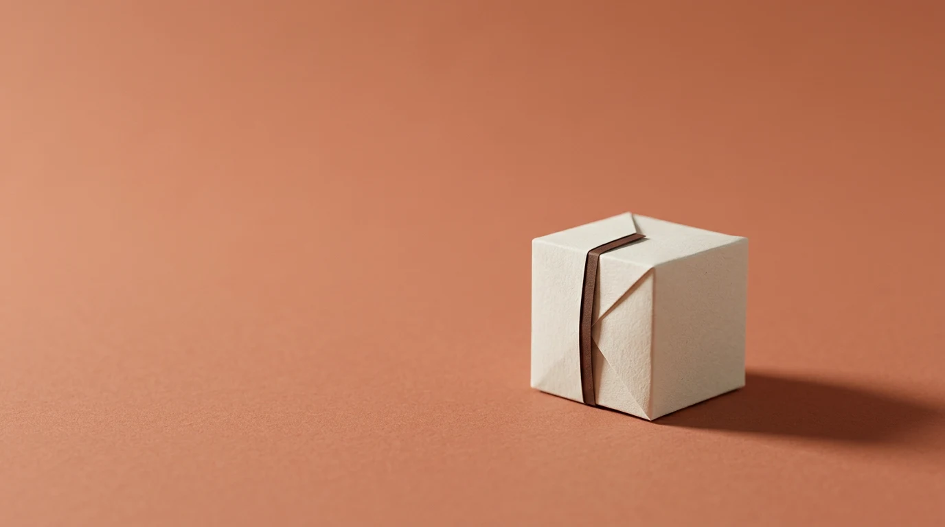 Small white gift box tied with a brown ribbon on a peach background.