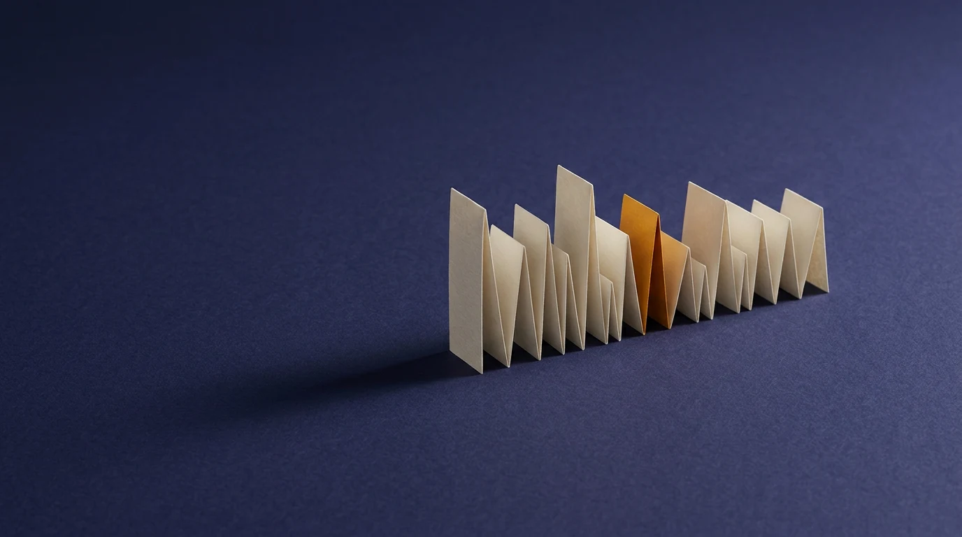 Transkrypcja nagrania jak zamienić audio na tekst za darmo i kiedy to nadal zawodzi - Promptowy Row of white folded cards standing upright with a single brown card as the outlier on a dark blue background.