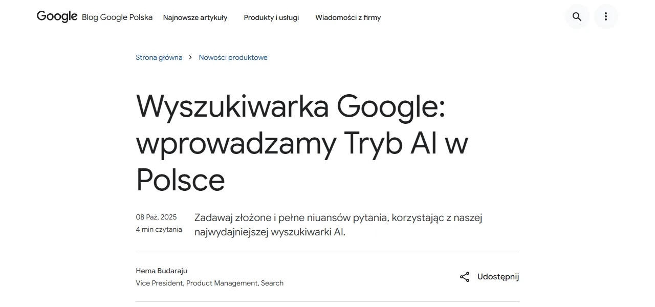 Wpis na Blogu Google Polska z 8 października 2025: Wyszukiwarka Google, wprowadzamy Tryb AI w Polsce