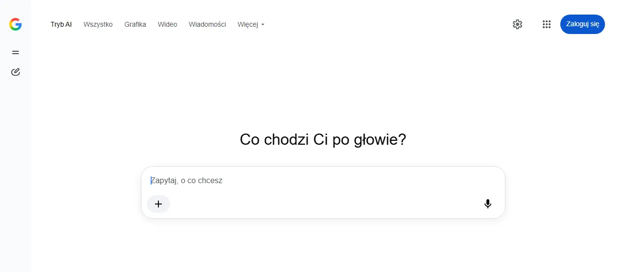 Ekran startowy Trybu AI pod adresem google.com/ai: karta Tryb AI przed kartą Wszystko i pole Zapytaj, o co chcesz