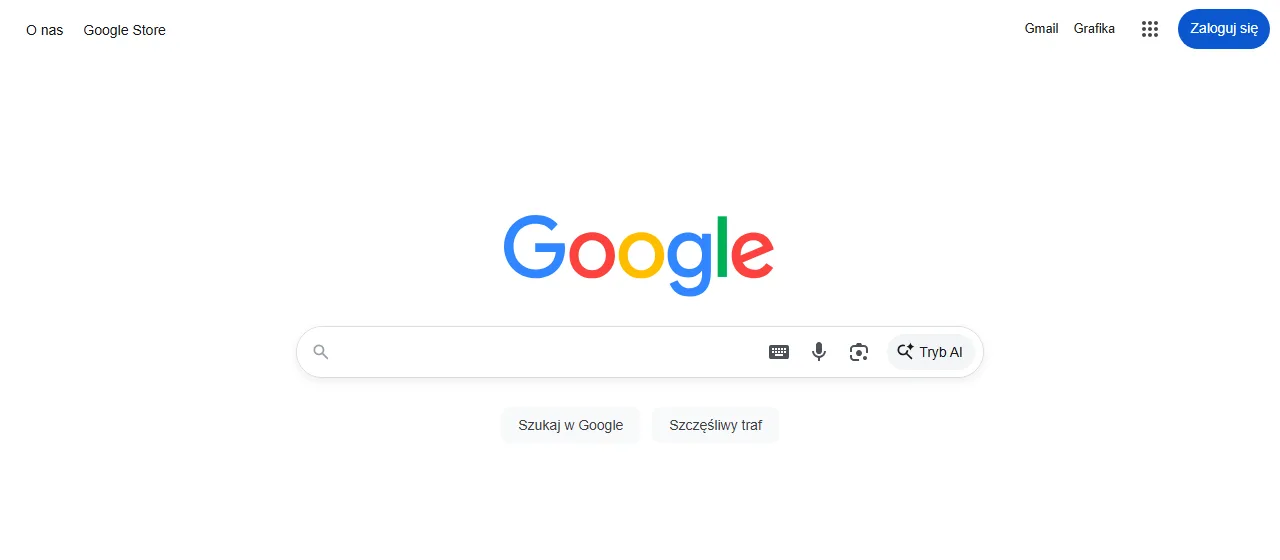Strona główna google.pl 7 października 2026: przycisk Tryb AI po prawej stronie pola wyszukiwania