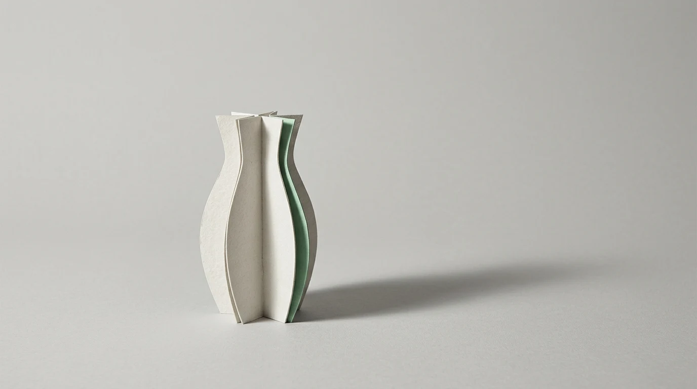 Minimalist paper sculpture formed by layered curved sheets in white and pale green on a gray surface with a soft shadow to the right.