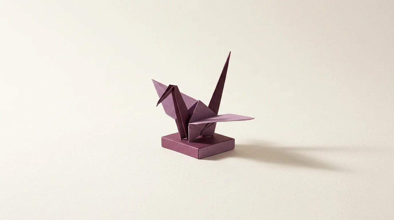 Purple origami crane on a small rectangular base, casting a shadow on a pale beige background.
