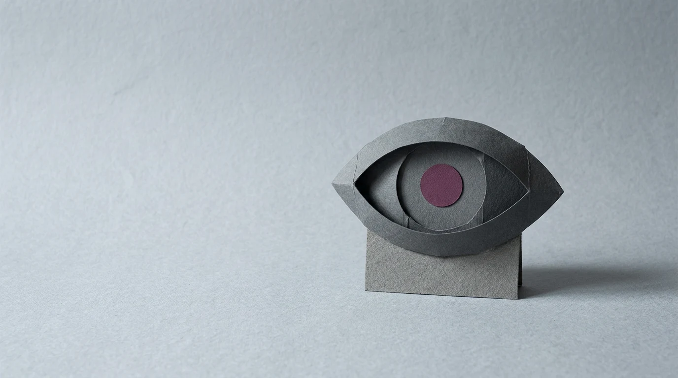 Yann LeCun kim jest ojciec sieci konwolucyjnych laureat Nagrody Turinga i sceptyk wobec LLM - Promptowy Abstract paper sculpture of a gray eye with a purple pupil on a small pedestal.