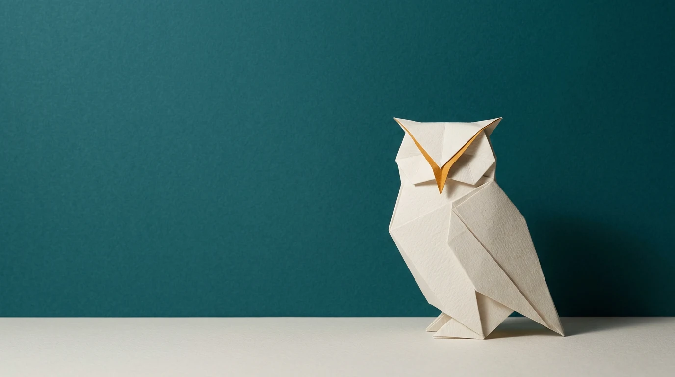 Origami white owl with an orange beak, perched on a pale surface against a teal background.