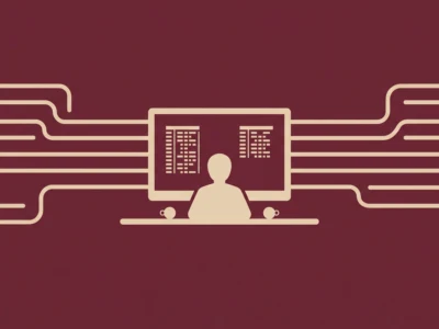 A person seated at a desk in front of a computer screen, with flowing circuit-like lines extending from the monitor across the image.
