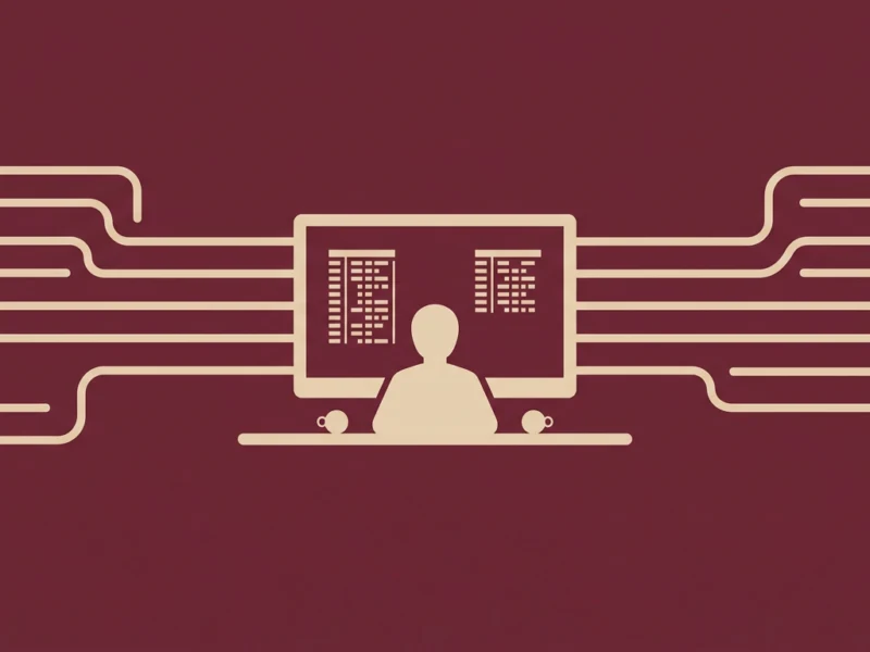 A person seated at a desk in front of a computer screen, with flowing circuit-like lines extending from the monitor across the image.
