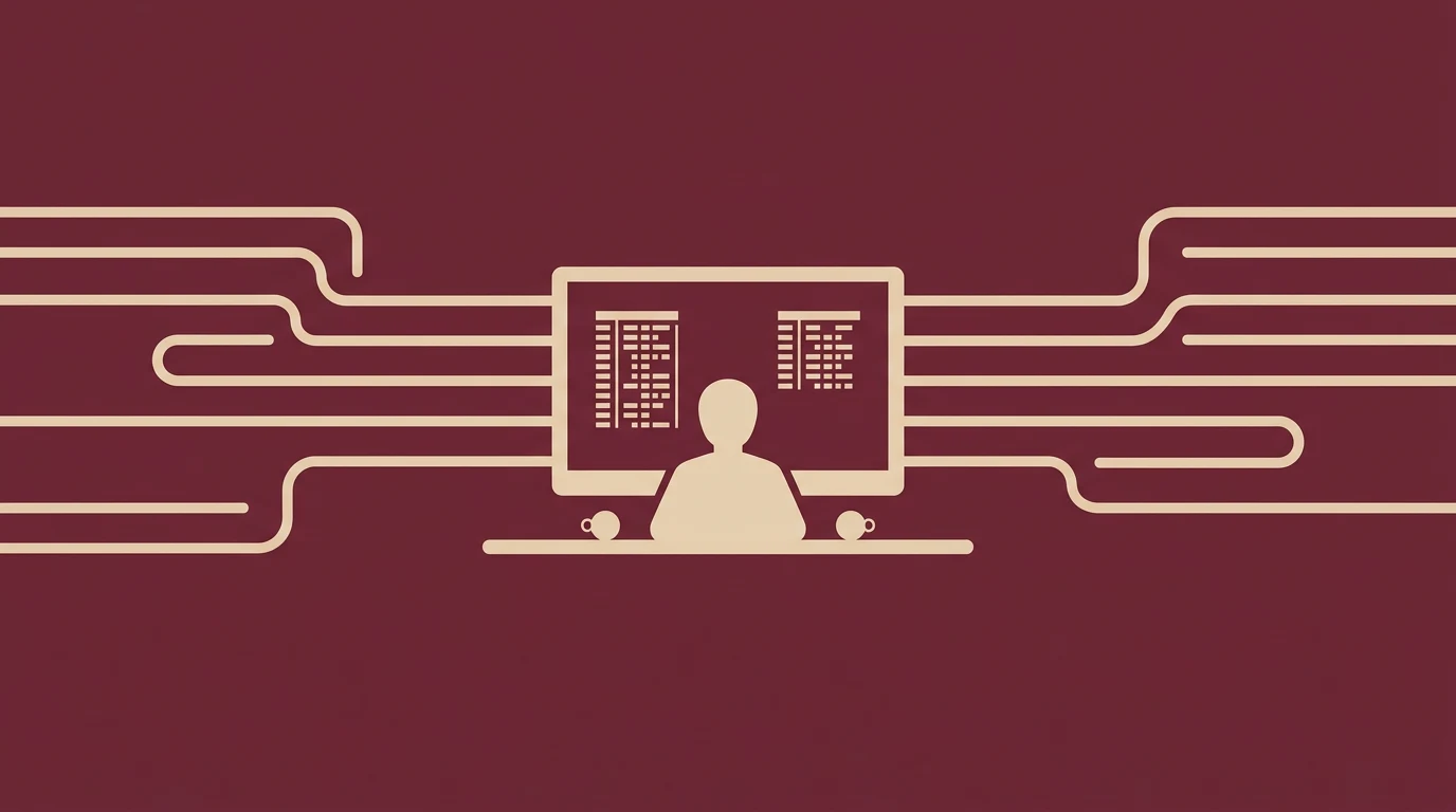 A person seated at a desk in front of a computer screen, with flowing circuit-like lines extending from the monitor across the image.