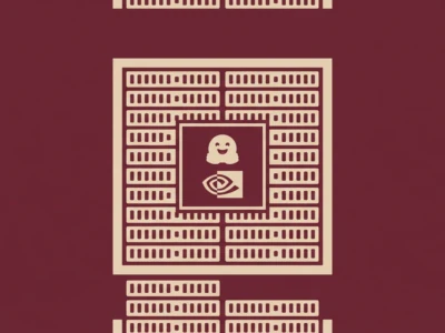 Zamknięcie dnia NVIDIA kupuje Hugging Face i gra o cały ekosystem - Promptowy Illustration of a data center server array with a central chip featuring a ghost and eye symbol on a burgundy background.